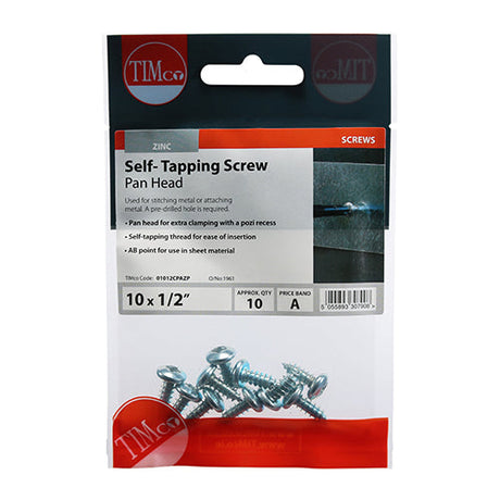This is an image of Timco - Self-Tapping Screws - PZ - Pan - Zinc 10 x 1/2" - (10 PCS TIMpac) 01012CPAZP