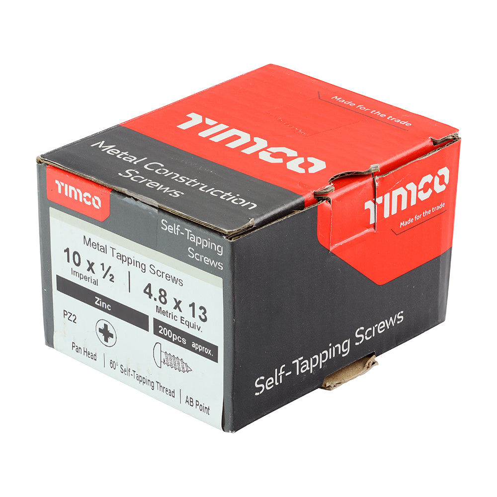This is an image of Timco - Self-Tapping Screws - PZ - Pan - Zinc 10 x 1/2" - (200 PCS Box) 01012CPAZS