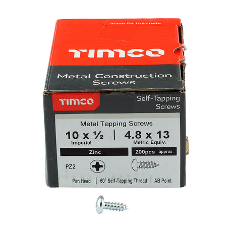This is an image of Timco - Self-Tapping Screws - PZ - Pan - Zinc 10 x 1/2" - (200 PCS Box) 01012CPAZS