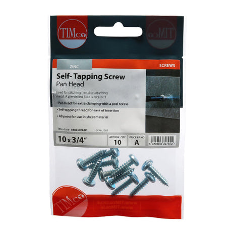 This is an image of Timco - Self-Tapping Screws - PZ - Pan - Zinc 10 x 3/4" - (10 PCS TIMpac) 01034CPAZP