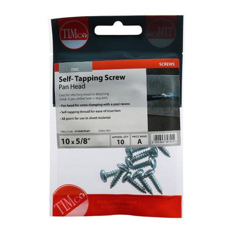 This is an image of Timco - Self-Tapping Screws - PZ - Pan - Zinc 10 x 5/8" - (10 PCS TIMpac) 01058CPAZP