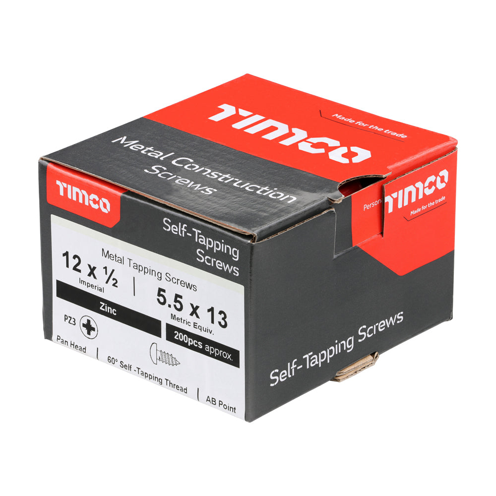 This is an image of Timco - Metal Tapping Screws - PZ - Pan - Self-Tapping - Zinc 12 x 1/2" - (200 PCS Box) 01212CPAZS