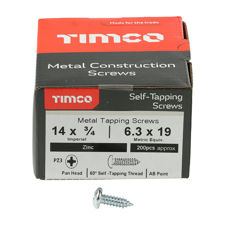 This is an image of Timco - Metal Tapping Screws - PZ - Pan - Self-Tapping - Zinc 14 x 3/4" - (200 PCS Box) 01434CPAZS