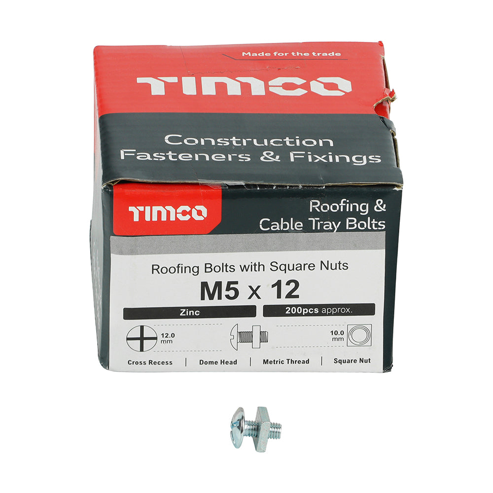 This is an image of Timco - Roofing Bolts with Square Nuts - Zinc M5 x 12mm - (200 PCS Box) 0512RB