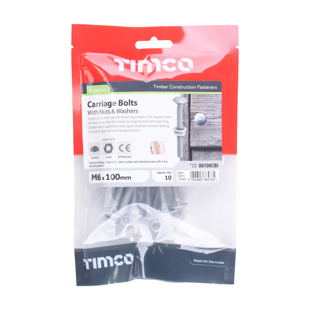 This is an image of Timco - Carriage Bolts Hex Nuts & Form A Washers - Dome - Exterior - Silver M6 x 100mm - (10 PCS TIMbag) 06100CBI