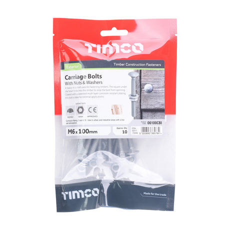 This is an image of Timco - Carriage Bolts Hex Nuts & Form A Washers - Dome - Exterior - Silver M6 x 100mm - (10 PCS TIMbag) 06100CBI