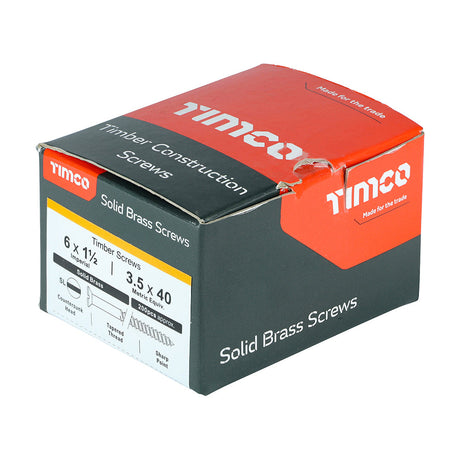 This is an image of Timco - Solid Brass Timber Screws - SLOT - Countersunk 6 x 1 1/2" - (200 PCS Box) 06112CBS