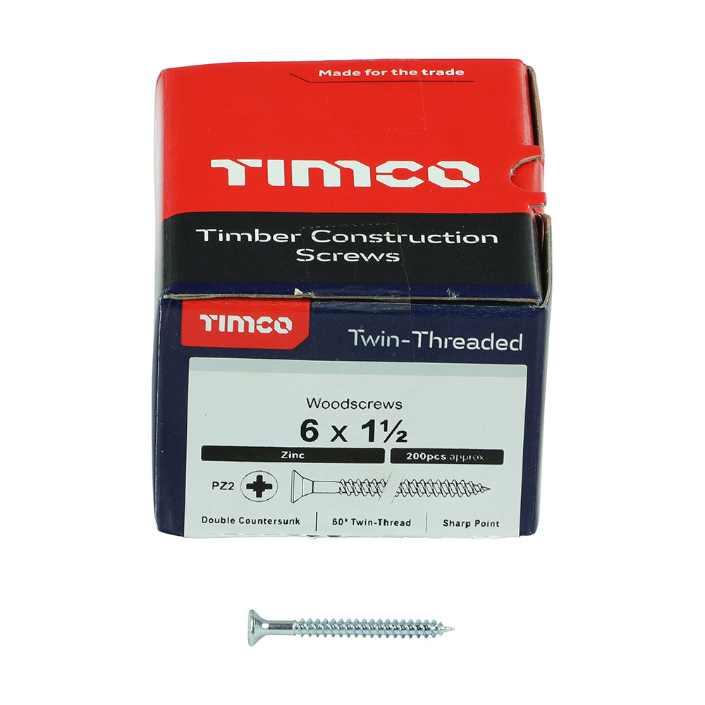 This is an image of Timco - Twin-Threaded Woodscrews - PZ - Double Countersunk - Zinc 6 x 1 1/2" - (200 PCS Box) 06112CWZ