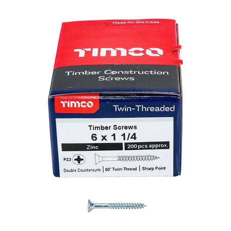 This is an image of Timco - Twin-Threaded Woodscrews - PZ - Double Countersunk - Zinc 6 x 1 1/4" - (200 PCS Box) 06114CWZ