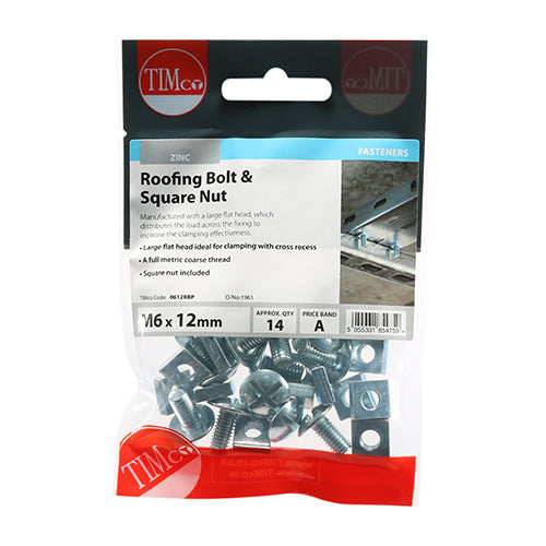This is an image of Timco - Roofing Bolts & Square Nuts - Zinc M6 x 12mm - (14 PCS TIMpac) 0612RBP