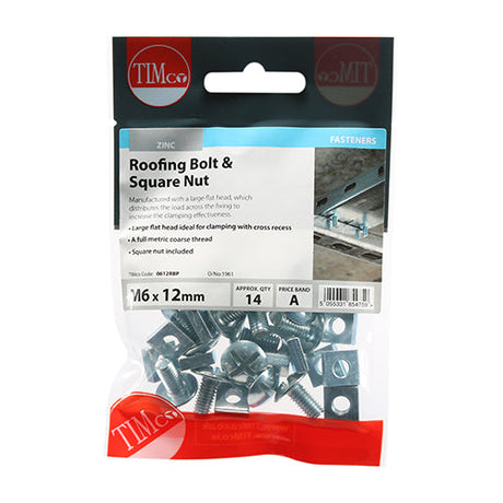 This is an image of Timco - Roofing Bolts & Square Nuts - Zinc M6 x 12mm - (14 PCS TIMpac) 0612RBP