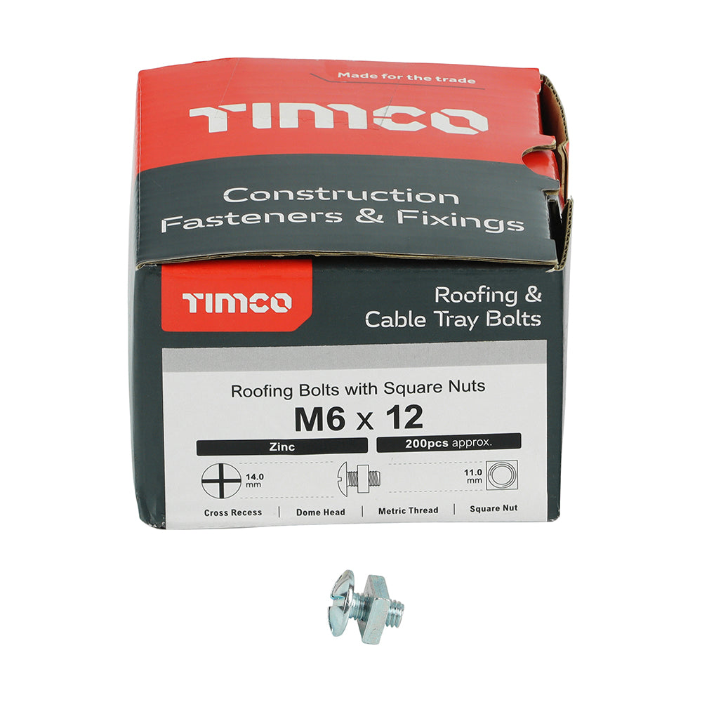 This is an image of Timco - Roofing Bolts with Square Nuts - Zinc M6 x 12mm - (200 PCS Box) 0612RB