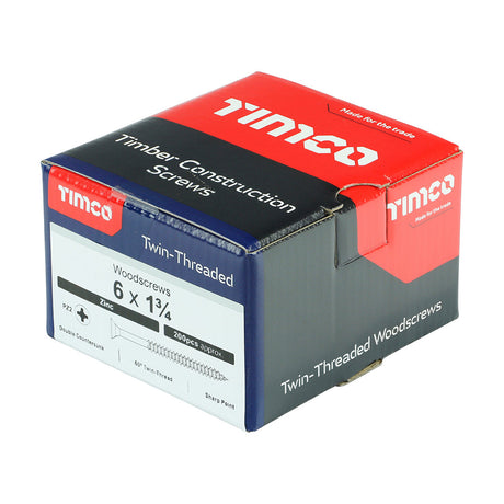 This is an image of Timco - Twin-Threaded Woodscrews - PZ - Double Countersunk - Zinc 6 x 1 3/4" - (200 PCS Box) 06134CWZ