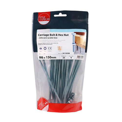 This is an image of Timco - Carriage Bolts & Hex Nuts - Zinc M6 x 150mm - (25 PCS TIMbag) 06150CBB