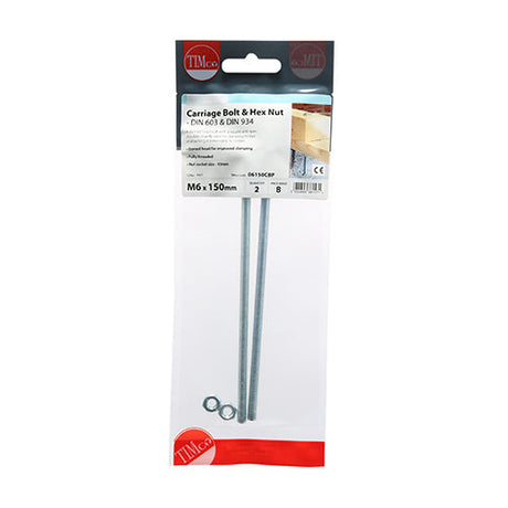 This is an image of Timco - Carriage Bolts & Hex Nuts - Zinc M6 x 150mm - (2 PCS TIMpac) 06150CBP