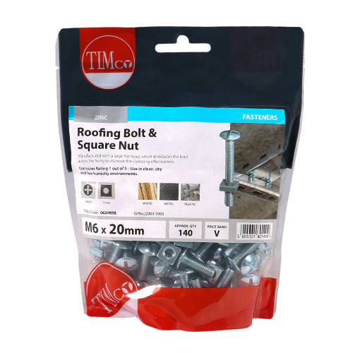 This is an image of Timco - Roofing Bolts & Square Nuts - Zinc M6 x 20mm - (140 PCS TIMbag) 0620RBB