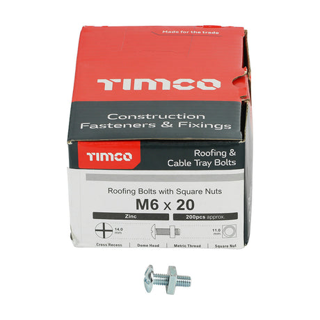 This is an image of Timco - Roofing Bolts with Square Nuts - Zinc M6 x 20mm - (200 PCS Box) 0620RB
