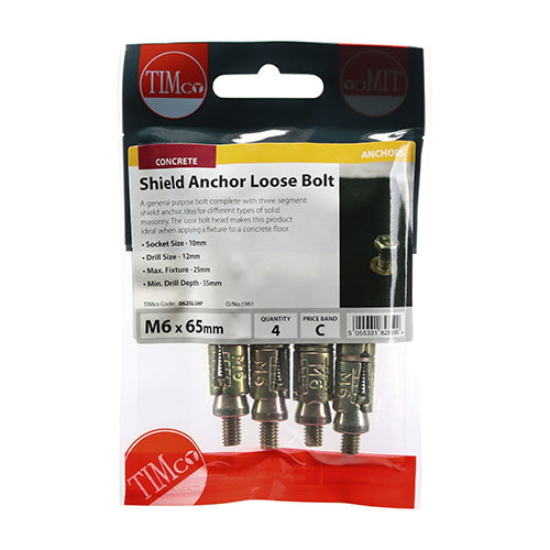 This is an image of Timco - Shield Anchor Loose Bolts - Yellow M6:25L (M6 x 65)mm - (4 PCS TIMpac) 0625LSHP
