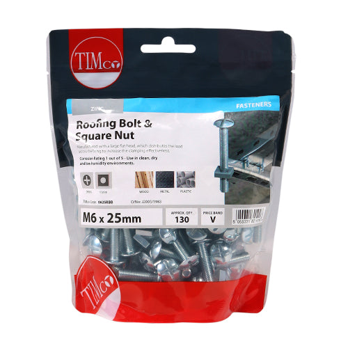 This is an image of Timco - Roofing Bolts & Square Nuts - Zinc M6 x 25mm - (130 PCS TIMbag) 0625RBB