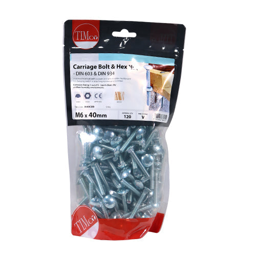 This is an image of Timco - Carriage Bolts & Hex Nuts - Zinc M6 x 40mm - (120 PCS TIMbag) 0640CBB