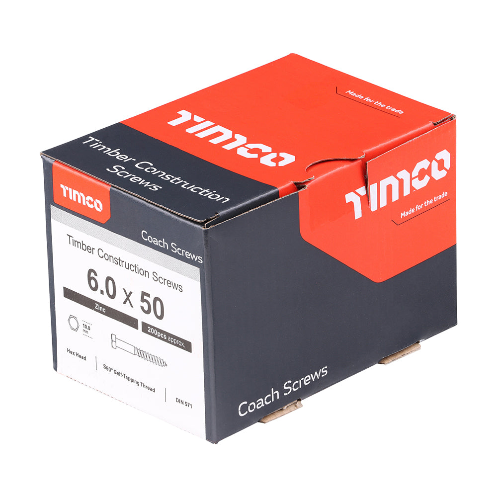 This is an image of Timco - Coach Screws - Hex - Zinc 6.0 x 50mm - (200 PCS Box) 0650CSC