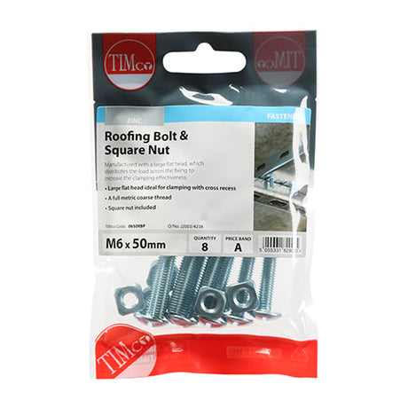 This is an image of Timco - Roofing Bolts & Square Nuts - Zinc M6 x 50mm - (8 PCS TIMpac) 0650RBP