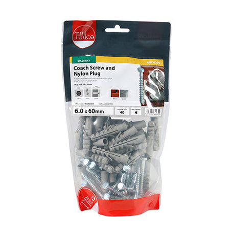 This is an image of Timco - Coach Screws & Nylon Plugs - Zinc 6.0 x 60mm - (40 PCS TIMbag) 0660CSCNB