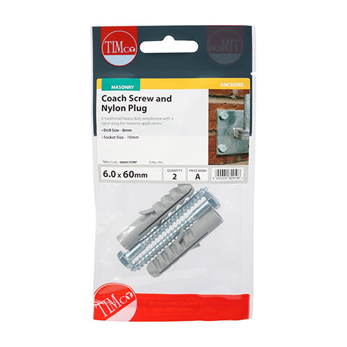 This is an image of Timco - Coach Screw & Nylon Plugs - Zinc 6.0 x 60mm - (2 PCS TIMpac) 0660CSCNP