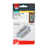 This is an image of Timco - Coach Screw & Nylon Plugs - Zinc 6.0 x 60mm - (2 PCS TIMpac) 0660CSCNP