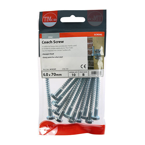 This is an image of Timco - Coach Screws - Hex - Zinc 6.0 x 70mm - (10 PCS TIMpac) 0670CSCP