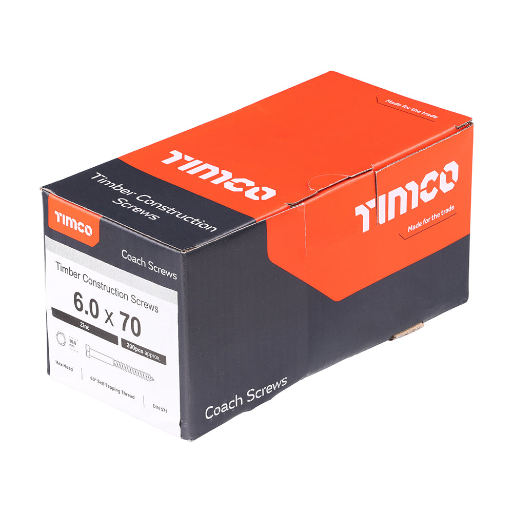 This is an image of Timco - Coach Screws - Hex - Zinc 6.0 x 70mm - (200 PCS Box) 0670CSC