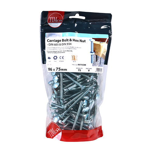 This is an image of Timco - Carriage Bolts & Hex Nuts - Zinc M6 x 75mm - (75 PCS TIMbag) 0675CBB