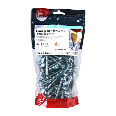 This is an image of Timco - Carriage Bolts & Hex Nuts - Zinc M6 x 75mm - (75 PCS TIMbag) 0675CBB