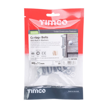 This is an image of Timco - Carriage Bolts Hex Nuts & Form A Washers - Dome - Exterior - Silver M6 x 75mm - (10 PCS TIMbag) 0675CBI