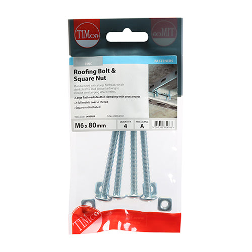 This is an image of Timco - Roofing Bolts & Square Nuts - Zinc M6 x 80mm - (4 PCS TIMpac) 0680RBP