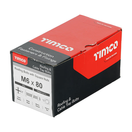 This is an image of Timco - Roofing Bolts with Square Nuts - Zinc M6 x 80mm - (100 PCS Box) 0680RB