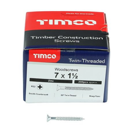 This is an image of Timco - Twin-Threaded Woodscrews - PZ - Double Countersunk - Zinc 7 x 1 1/2" - (200 PCS Box) 07112CWZ