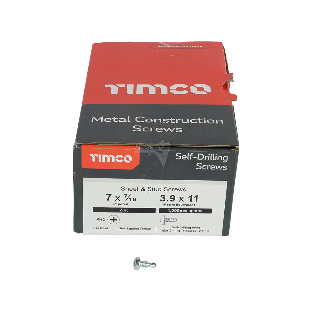 This is an image of Timco - Metal Construction Sheet & Stud Screws - PH - Pan - Self-Drilling - Zinc 7 x 7/16" - (1000 PCS Box) 07716PPSD