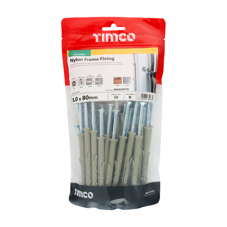 This is an image of Timco - Nylon Frame Fixings - PZ - Zinc 8.0 x 80mm - (50 PCS TIMbag) 08080NFFB