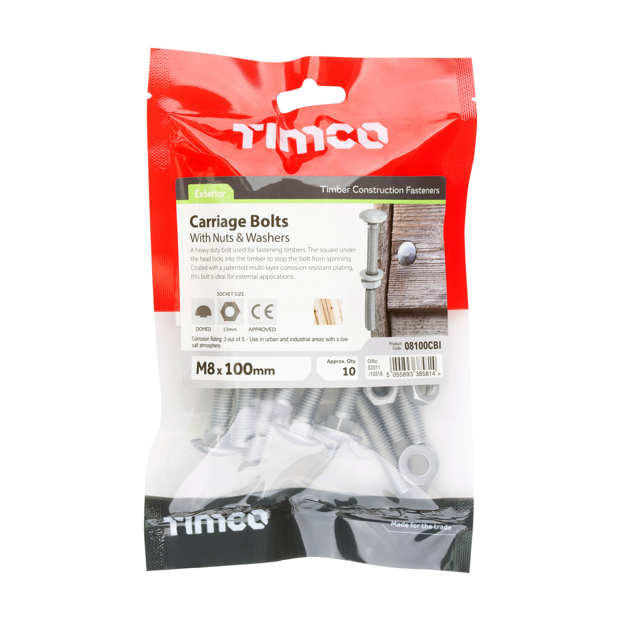 This is an image of Timco - Carriage Bolts Hex Nuts & Form A Washers - Dome - Exterior - Silver M8 x 100mm - (10 PCS TIMbag) 08100CBI