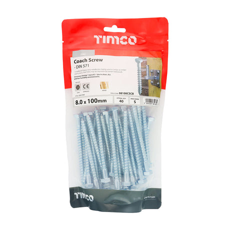 This is an image of Timco - Coach Screws - Hex - Zinc 8.0 x 100mm - (40 PCS TIMbag) 08100CSCB