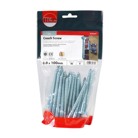 This is an image of Timco - Coach Screws - Hex - Zinc 8.0 x 100mm - (40 PCS TIMbag) 08100CSCB