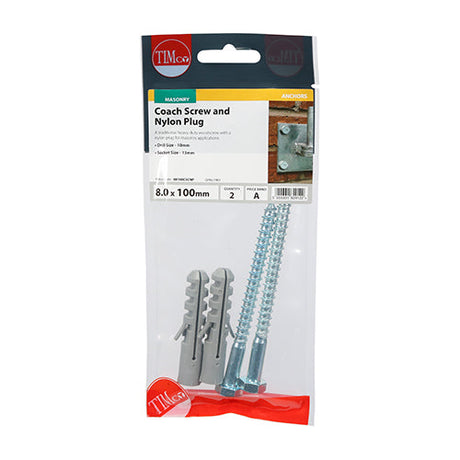 This is an image of Timco - Coach Screw & Nylon Plugs - Zinc 8.0 x 100mm - (2 PCS TIMpac) 08100CSCNP