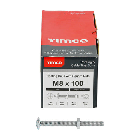 This is an image of Timco - Roofing Bolts with Square Nuts - Zinc M8 x 100mm - (50 PCS Box) 08100RB