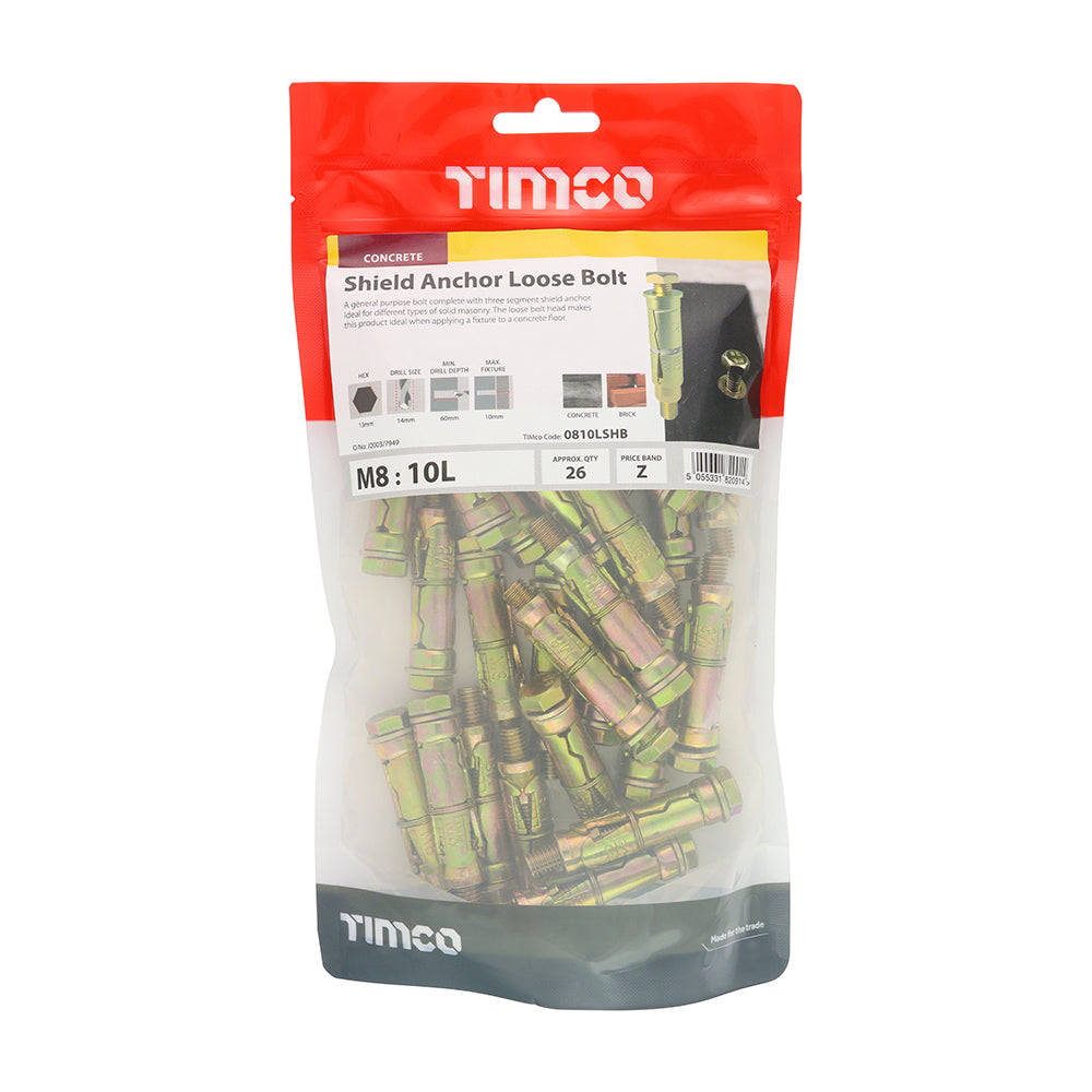 This is an image of Timco - Shield Anchor Loose Bolts - Yellow M8:10L (M8 x 60)mm - (26 PCS TIMbag) 0810LSHB