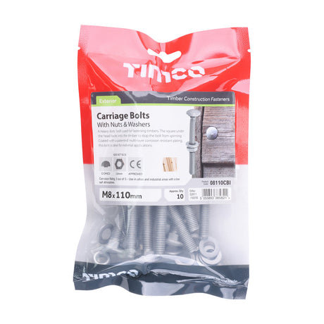 This is an image of Timco - Carriage Bolts Hex Nuts & Form A Washers - Dome - Exterior - Silver M8 x 110mm - (10 PCS TIMbag) 08110CBI