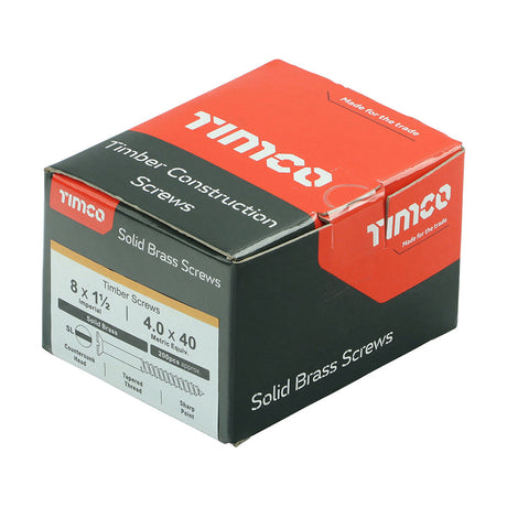 This is an image of Timco - Solid Brass Timber Screws - SLOT - Countersunk 8 x 1 1/2" - (200 PCS Box) 08112CBS