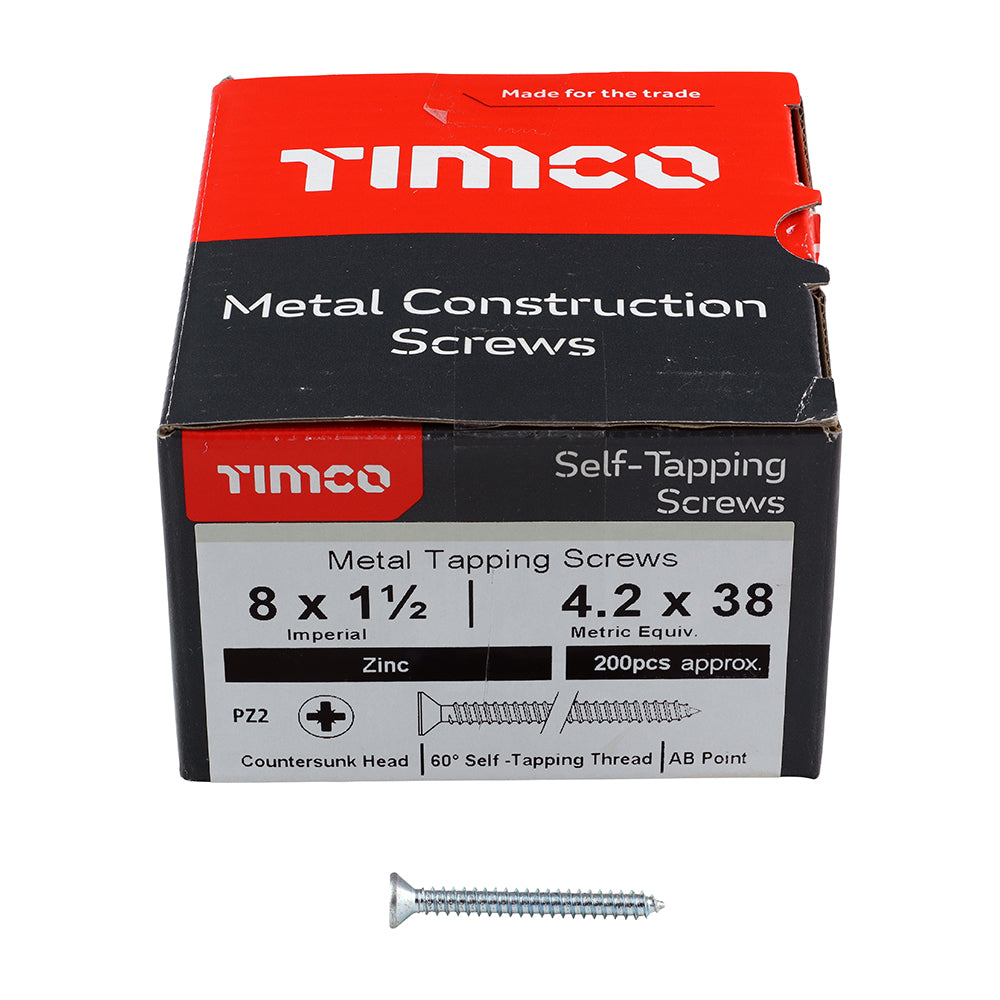 This is an image of Timco - Self-Tapping Screws - PZ - Pan - Zinc 8 x 1 1/2" - (200 PCS Box) 08112CPAZS