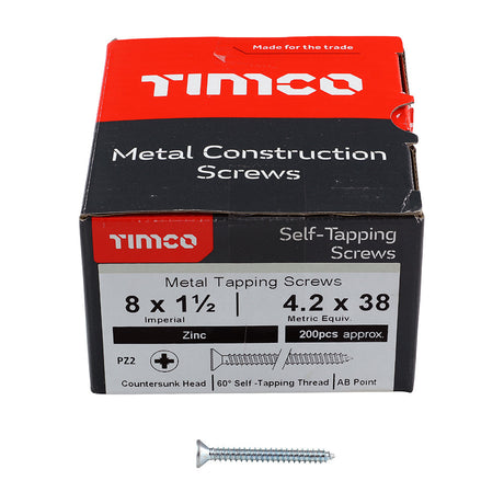 This is an image of Timco - Self-Tapping Screws - PZ - Pan - Zinc 8 x 1 1/2" - (200 PCS Box) 08112CPAZS