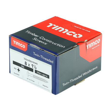 This is an image of Timco - Twin-Threaded Woodscrews - PZ - Round - Zinc 8 x 1 1/2" - (200 PCS Box) 08112CRWZ